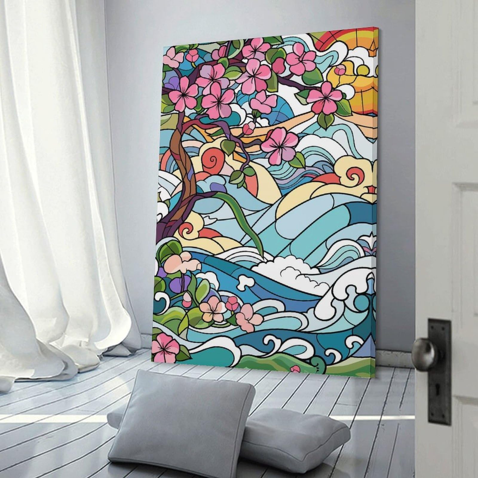 Junmoney Canvas Wall Art Stained Glass Cherry Blossoms And Waves, 24x36inch(60x90cm), for Living Room, Lounge Or Sitting Room, Canvas Styling for A Polished Room Look