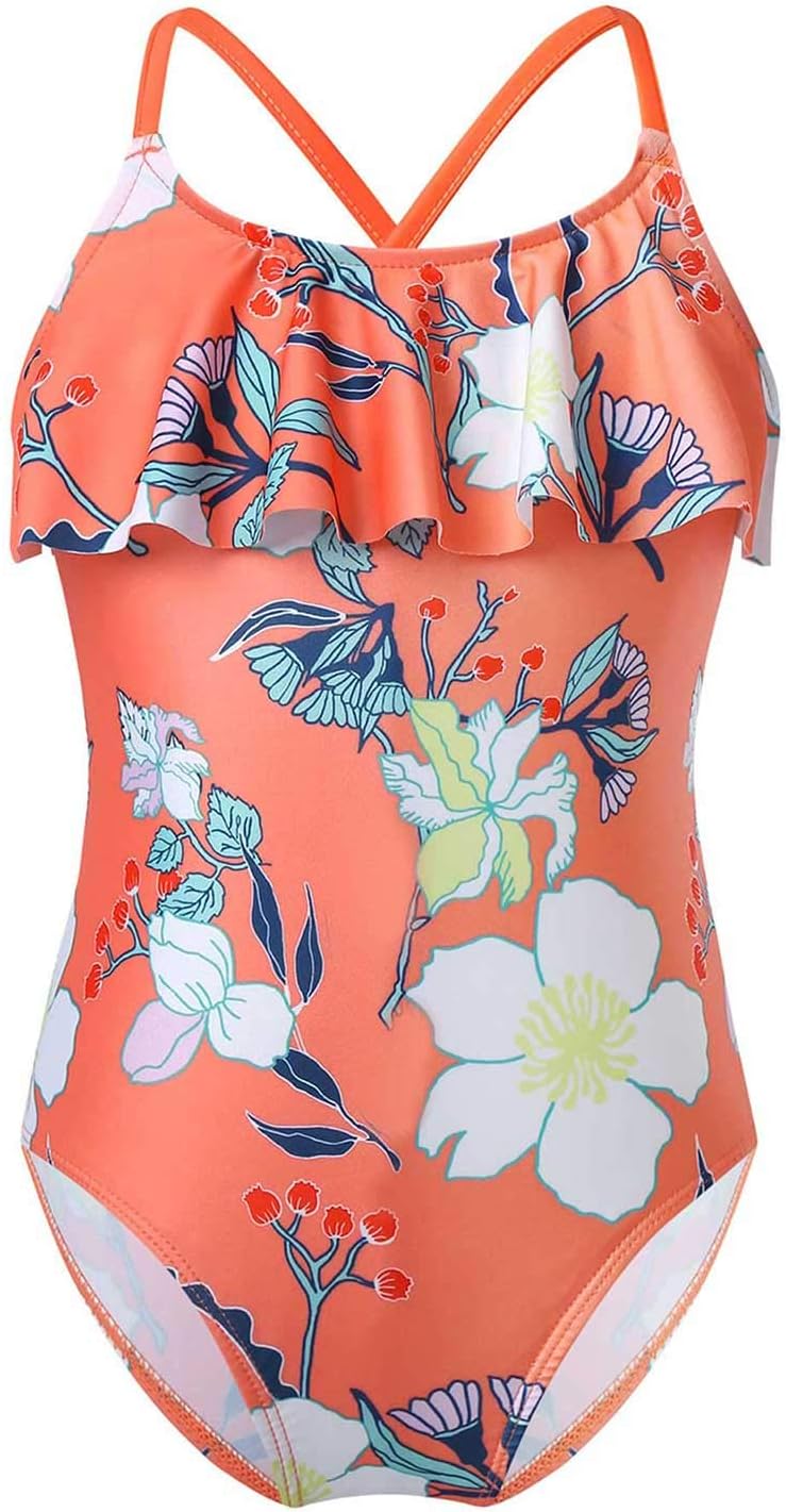 TTAO Kid Baby Girls Ruffled Trim One Piece Swimsuits Floral Pattern Strappy Beach Bathing Suit