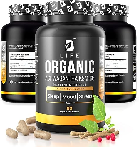 Suplemento orgánico Ashwagandha KSM-66 de 1000 mg | Adaptógeno para el apoyo del cortisol y alivio del estrés | Ayuda para el estado de ánimo, la