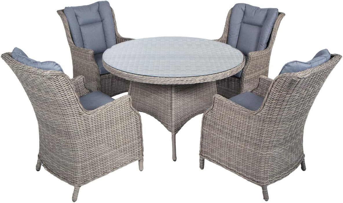 Mayfair Athens 4 Seater Round Rattan Dining Set - Light Brown Grey Weave with Grey Cushion