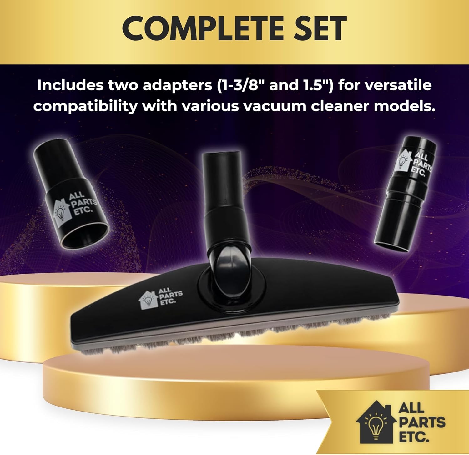 1.25" Hardwood Floor Vacuum Brush Attachment with Natural Horsehair Bristles - Includes 1-3/8" & 1.5" Adapters - Compatible with Shark, Miele, Hoover, Shop Vac, Eureka, Oreck
