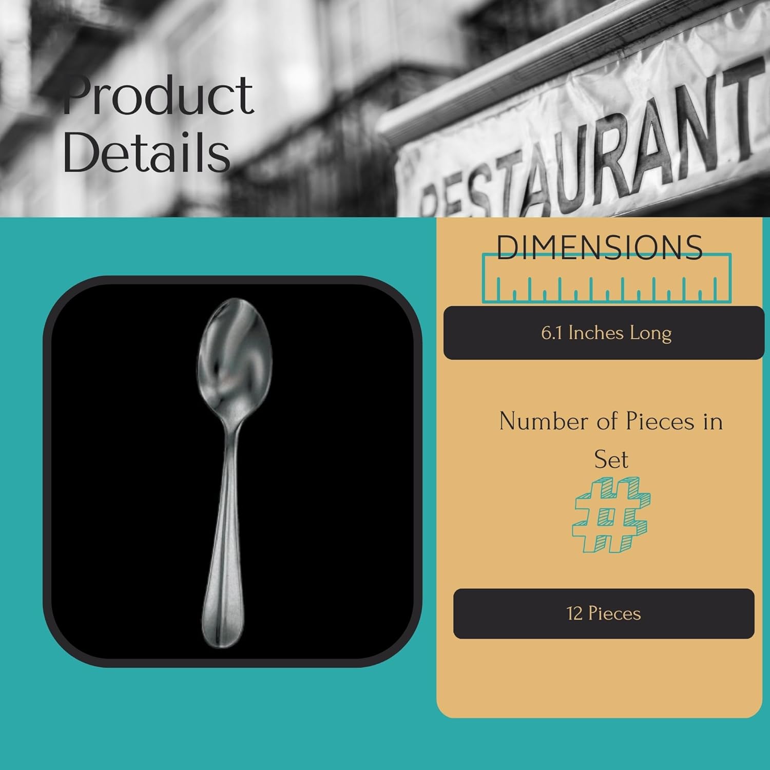 Steelite Stainless Steel Dinner Teaspoons, Walco Lancer Fieldstone Modern 10/18 Flatware, Burnished Finish Silverware Utensils, Commercial Restaurant, Foodservice Use, 6.1" Long, Set of 12