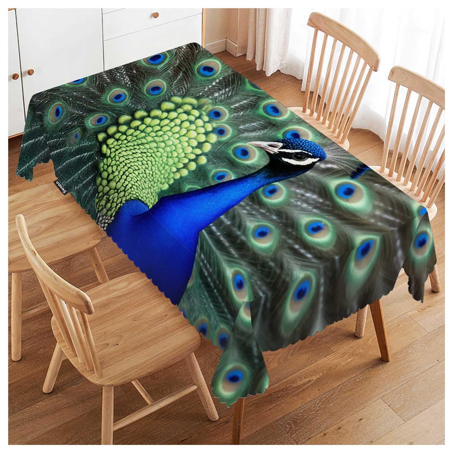 Peacock Table Cloth Rectangle Tables Beautiful Bird Peacock Feathers Kitchen Table Cover Oblong 52"X70" Tablecloth for Dining Table Buffet Parties Patio and Camping, Green