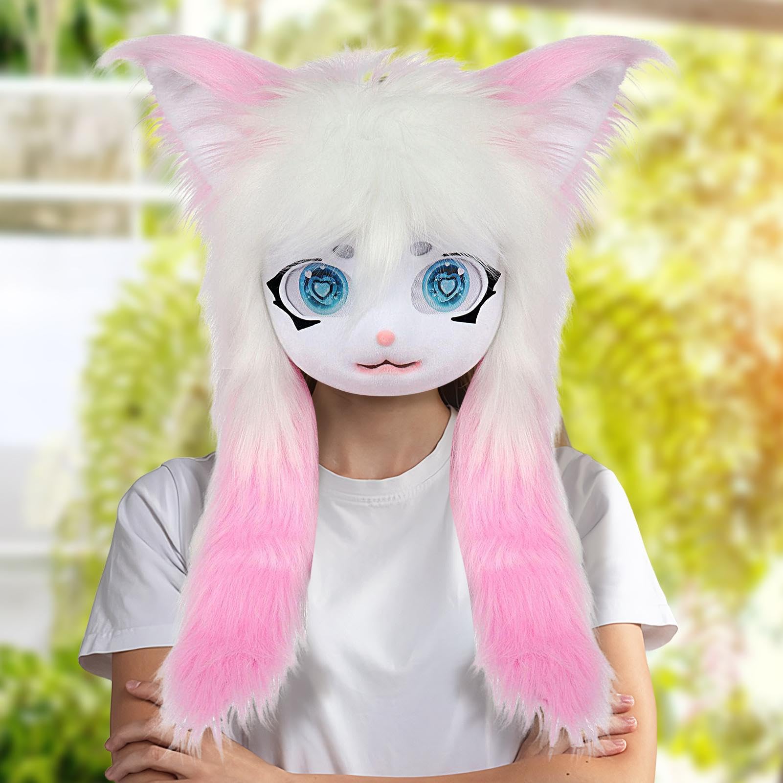 Cabeza de animal peluda, máscara de gato con ojos grandes, pelo largo, accesorios de disfraz de felpa para bailes de máscaras, teatro, actuaciones, fiestas, Halloween, cosplay, convención de anime