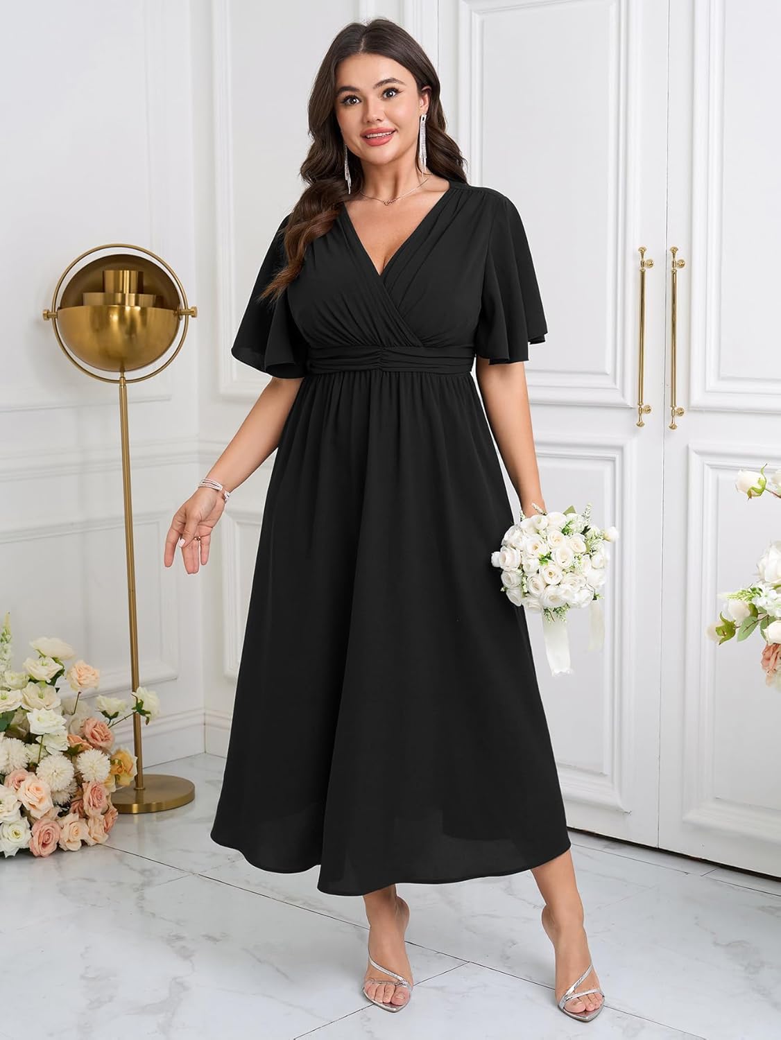 Womens Plus Size Wrap V Neck Dress Short Flutter Sleeve Pleated Empire Waist Ruffle A Line Maxi Long Dresses - Image 3