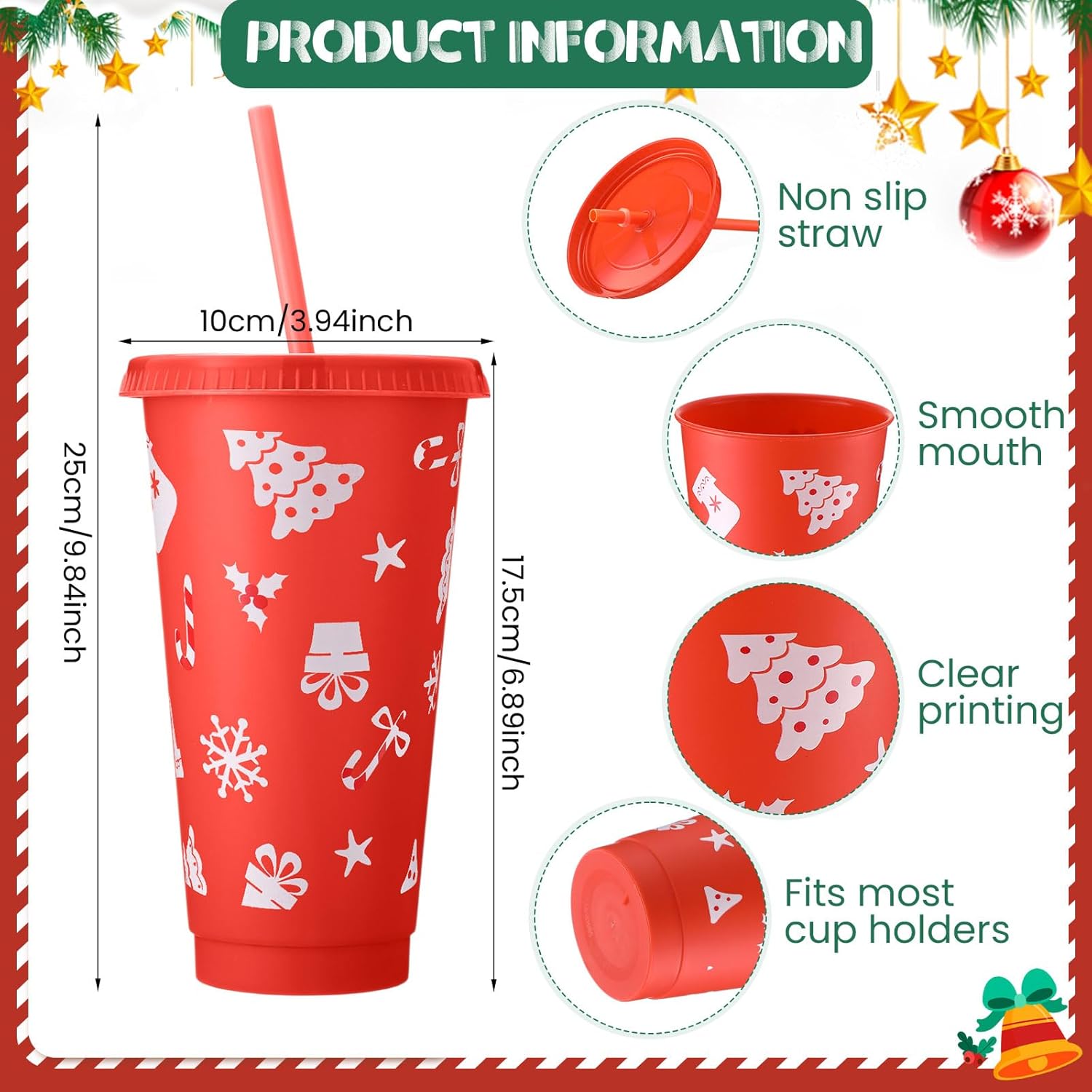 Honeydak 30 Pcs 24 oz Christmas Cups Gifts Bulk Christmas Tumbler with Straw and Lid Elk Xmas Reusable Plastic Coffee Cup Winter Water Bottle Iced Travel Mug for Holiday Party Birthdays