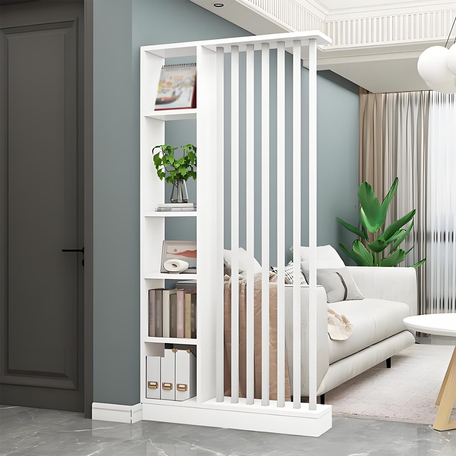 Room Divider with Shelves, Entrance Hall Partition Screen Column Floor to Ceiling - Room Divider with Storage Shelf, Easy Assembly Freestanding Decor for Bedroom, Office (White+White, 100cm / 39.4in)