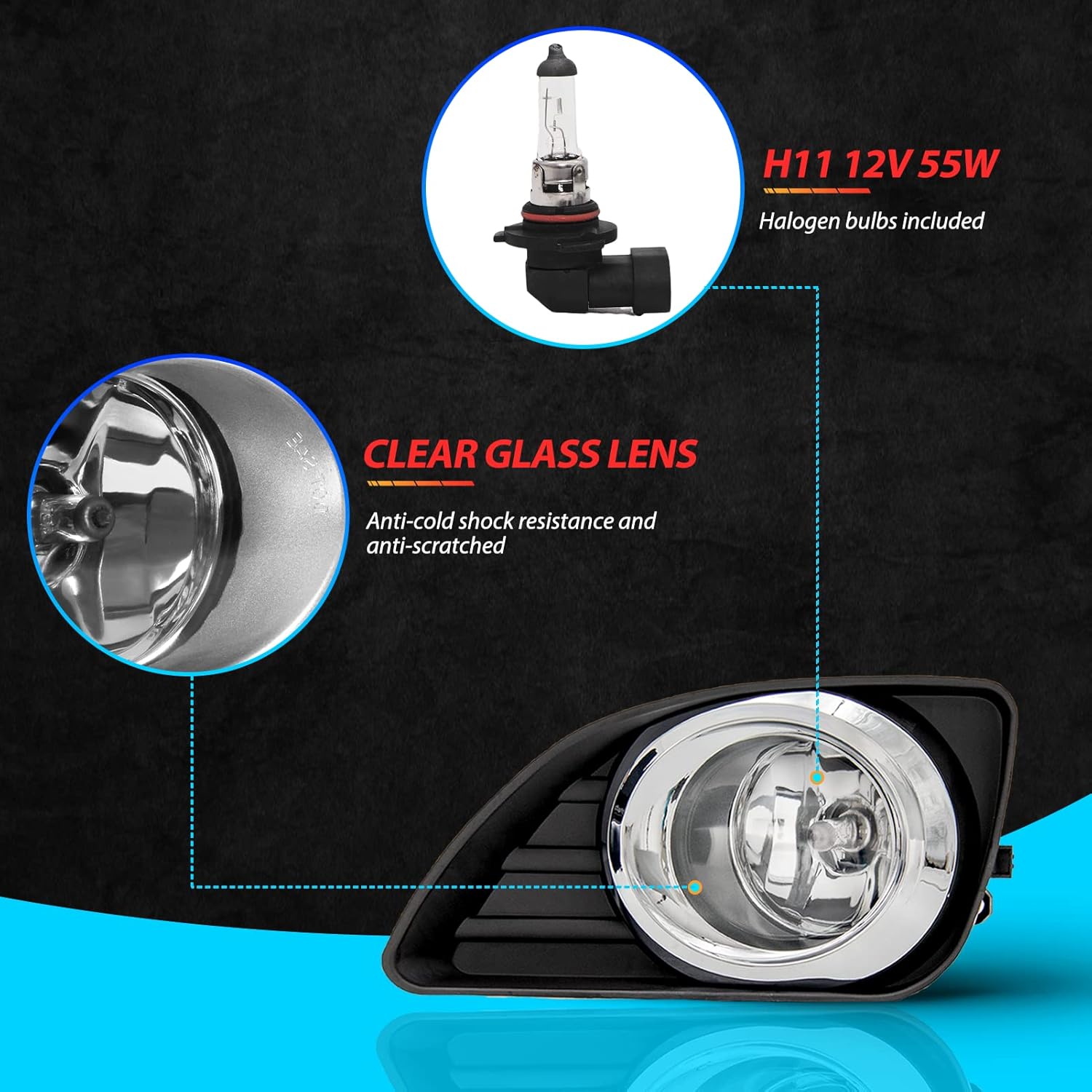 Fog Lights Assembly for 2010 2011 Toyota Camry Replacement Kit Fog Lamps with Wiring & Switch H11 12V 55W Halogen Bulbs Clear Lens