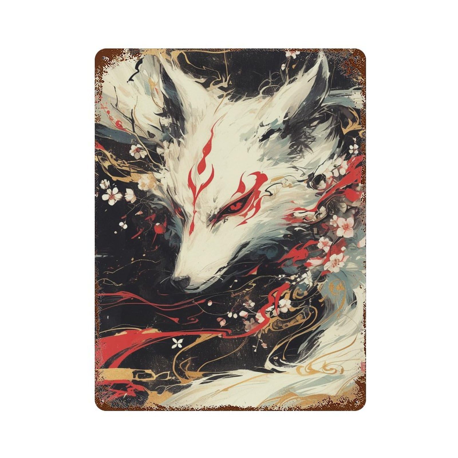 Garage Style Japanese Fox Spirit Art Print Aged Metal Wall Plaque 15.7"x11.8", Novelty Wall Decor for Bar And Workshop