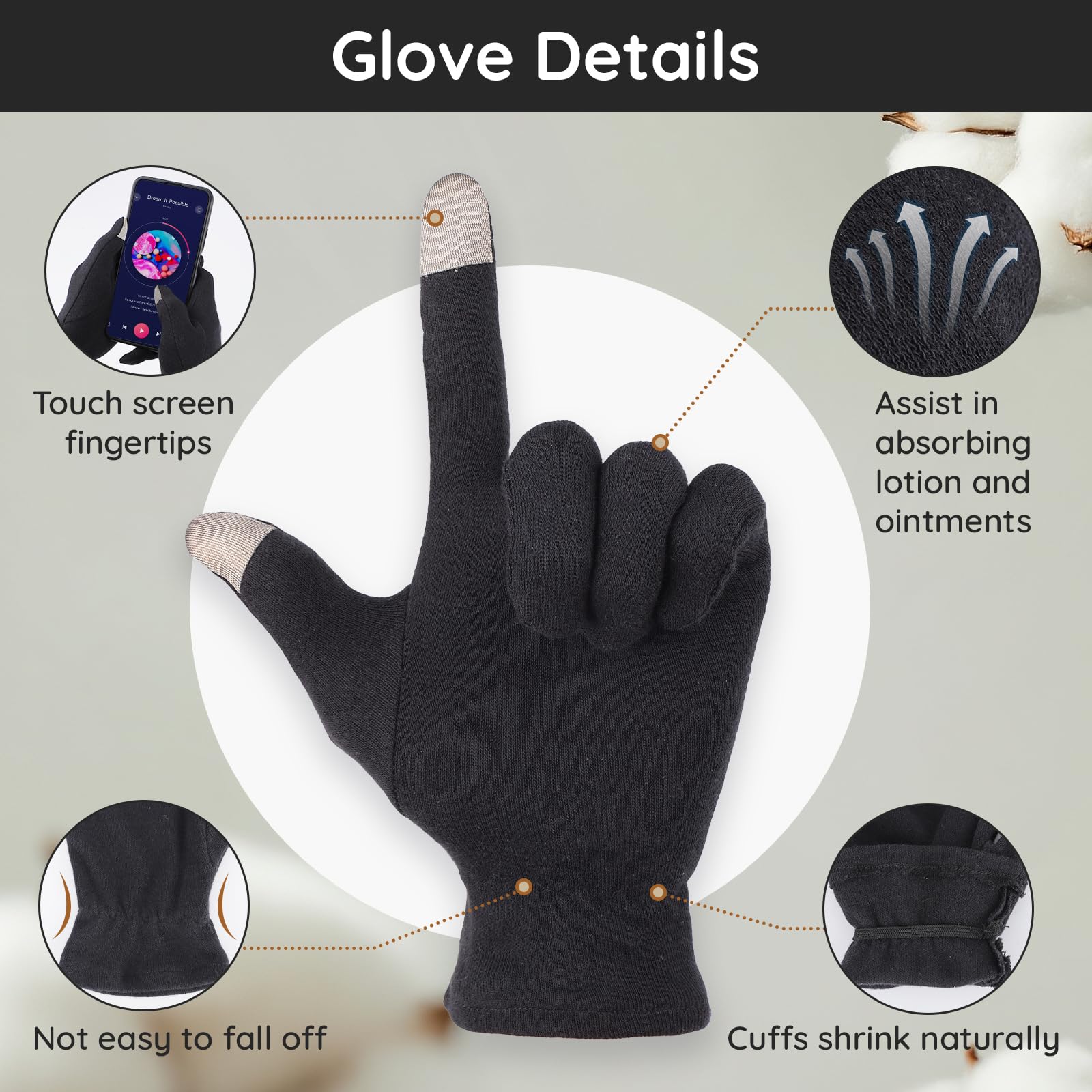 Segbeauty Guanti Cotone Nero, 6 Paia Guanti di Cotone per Dermatiti, con Dita Touchscreen, Morbido e Traspiranti, per Idratare Mani Secche, Ispezione Gioielli, Eczemi (L)