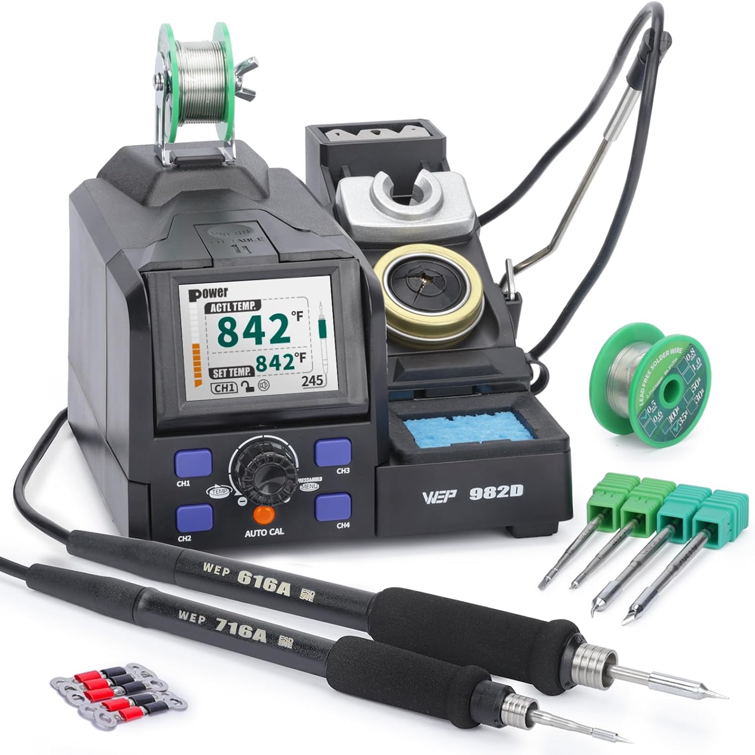 WEP 982D Precision Soldering Station with Automatic Calibration, Tiltable Screen, C245 C210 Compatible Soldering Iron Kit with 2 Spools Lead Free Solder Wire, 6 Soldering Cartridges