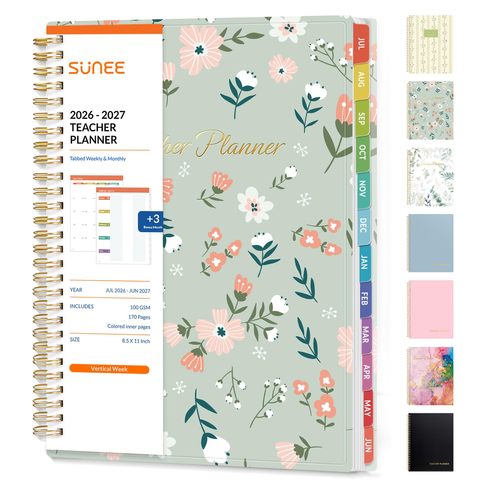 SUNEE Agenda per insegnanti 2026-2027, anno accademico, agenda scolastica con 7 periodi, da luglio 2026 a giugno 2027, 21,6 x 27,9 cm, agenda giornaliera, settimanale e mensile, agenda con tasca
