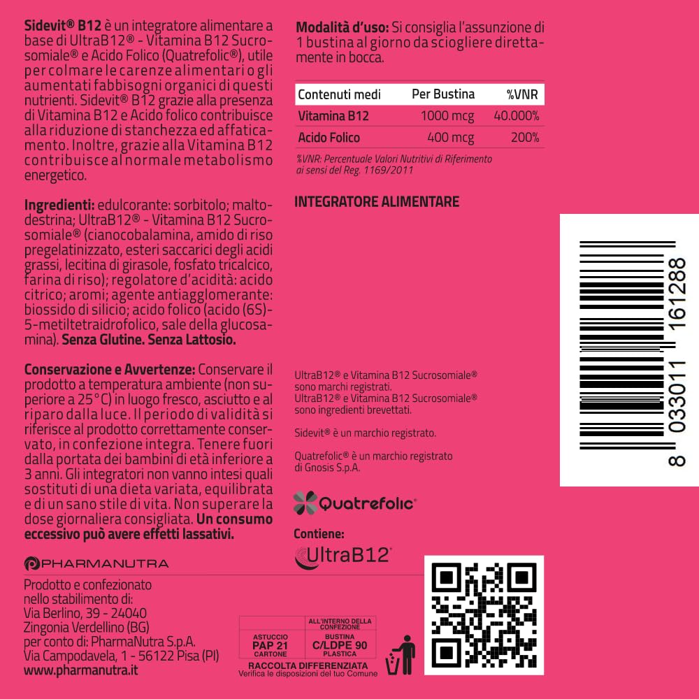 Sidevit® B12 Integratore alimentare con Tecnologia Sucrosomiale®, Alta Concentrazione, Supporto Stanchezza e Sistema nervoso, Per chi ha una alimentazione Vegana, 20 Bustine orosolubili, Pharmanutra