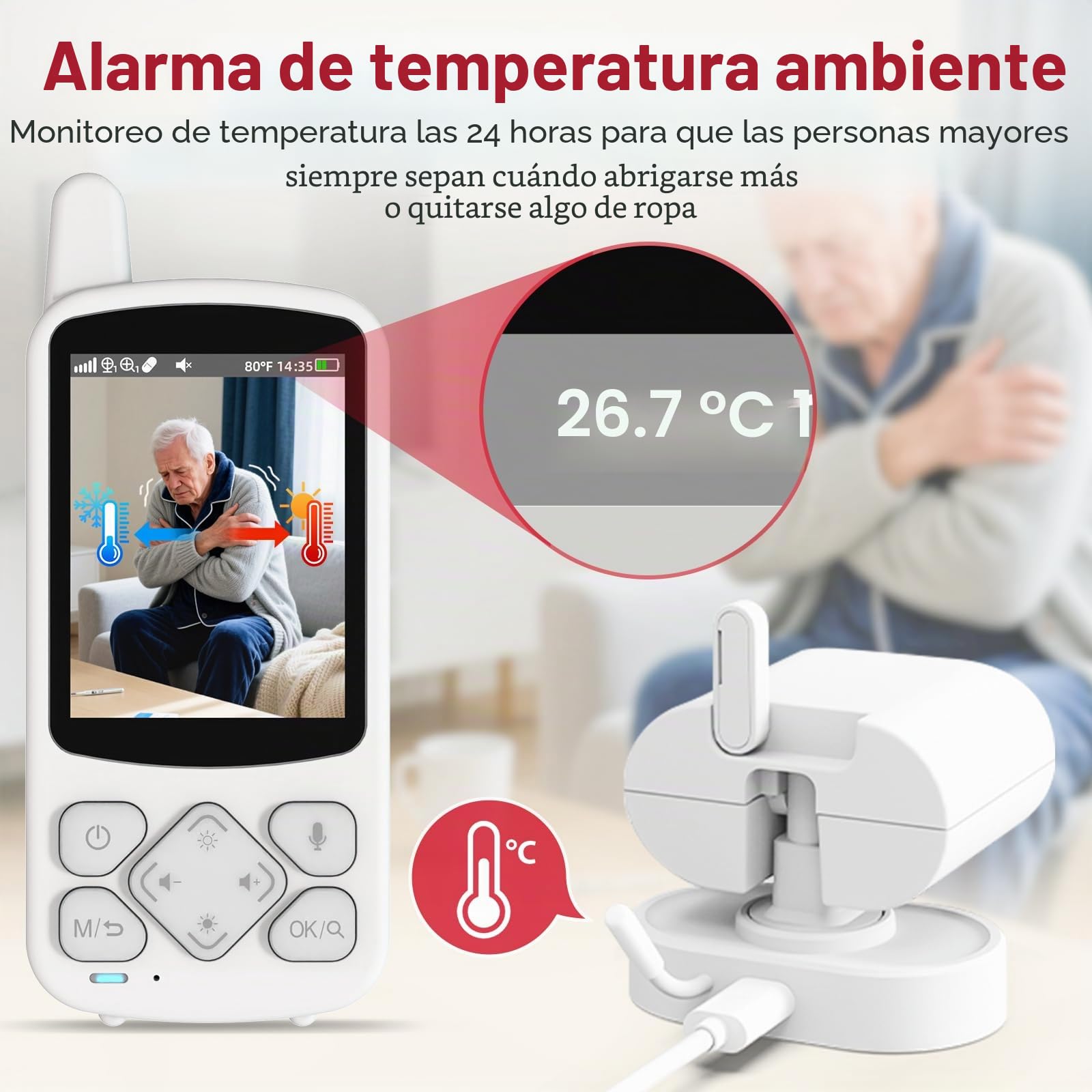 CallToU Cámara de vigilancia giratoria para personas mayores con audio bidireccional, vigilabebés para personas mayores, no requiere wifi, con recordatorio de medicamentos y control de temperatura
