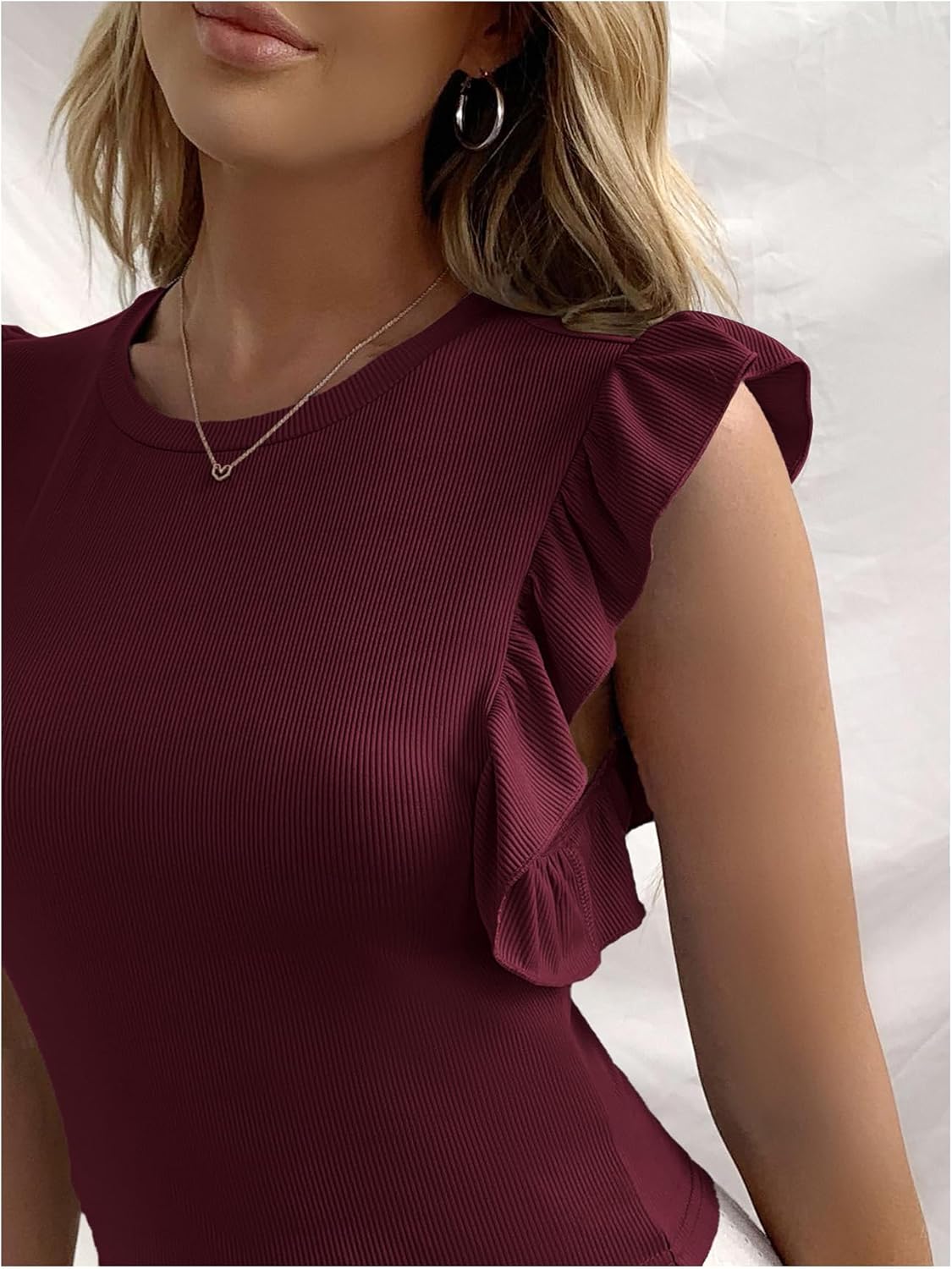 Floerns Women's Round Neck Ruffle Cap Sleeve T Shirts Solid Tee Dressy Slim Fit Top Business Causal Outfits - Image 4