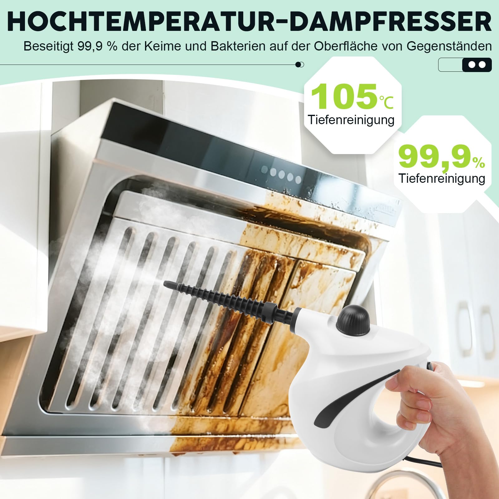 Limpiador de vapor manual, 1200 W, limpiador de vapor para todo con 8 accesorios, 3,2 bar, presión de vapor de 700 ml, portátil para ventanas, cocina, suelo, coche