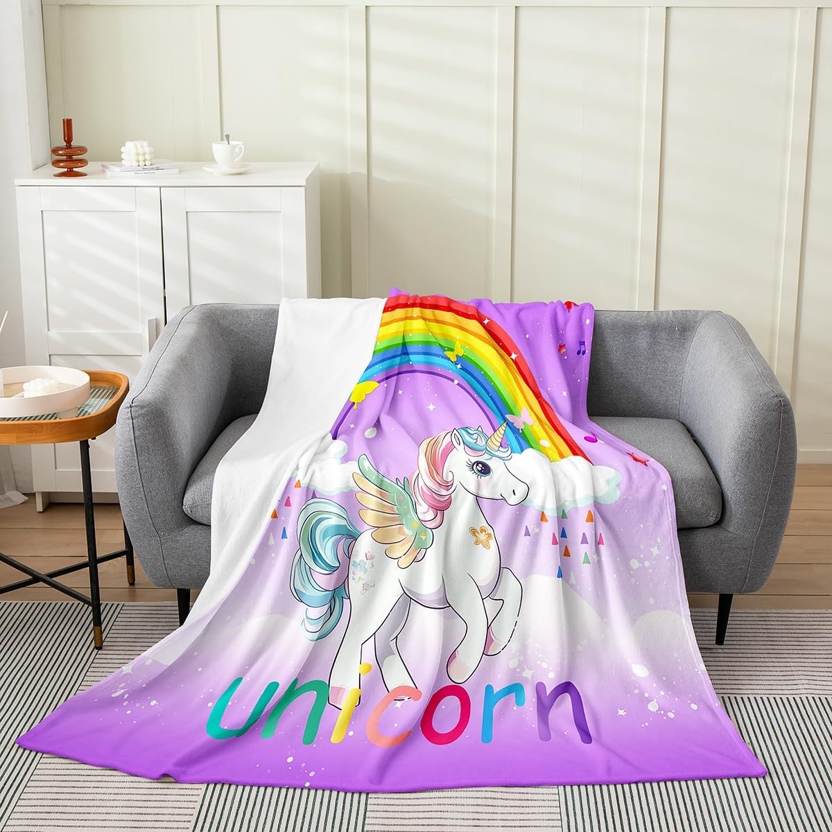 Erosebridal Pink Unicorn Kids Throw Blanket for Girls - Queen Size Kawaii Rainbow Unicorn Flannel Fleece Blanket with Cute White Horse Design, Geometric Stars and Clouds, Ombre Unicorn Bed Blanket