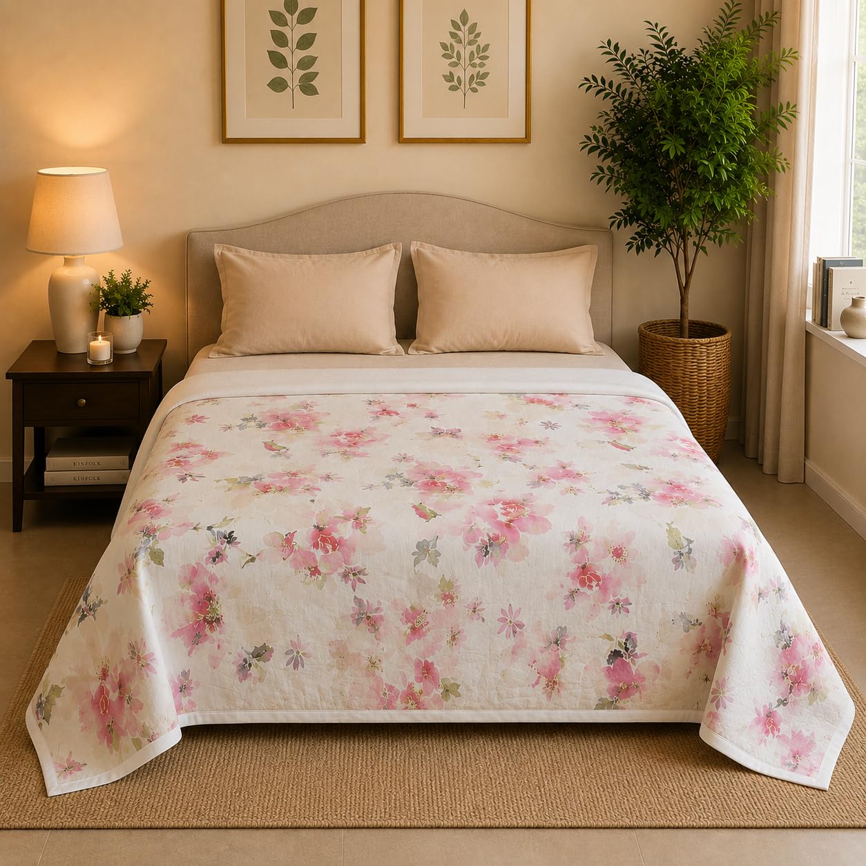 Linen Home 100% Cotton Reversible Dohar for Double Bed | Eden Floral Pink & White | 200 TC Percale Blanket | Soft, Breathable, Durable Blanket for All Season Use (254 x 224 cm)-image-23