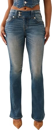 True Religion Joey Low Rise Flare Womens Jeans | Vintage Denim with Flap Pockets & Iconic Stitching