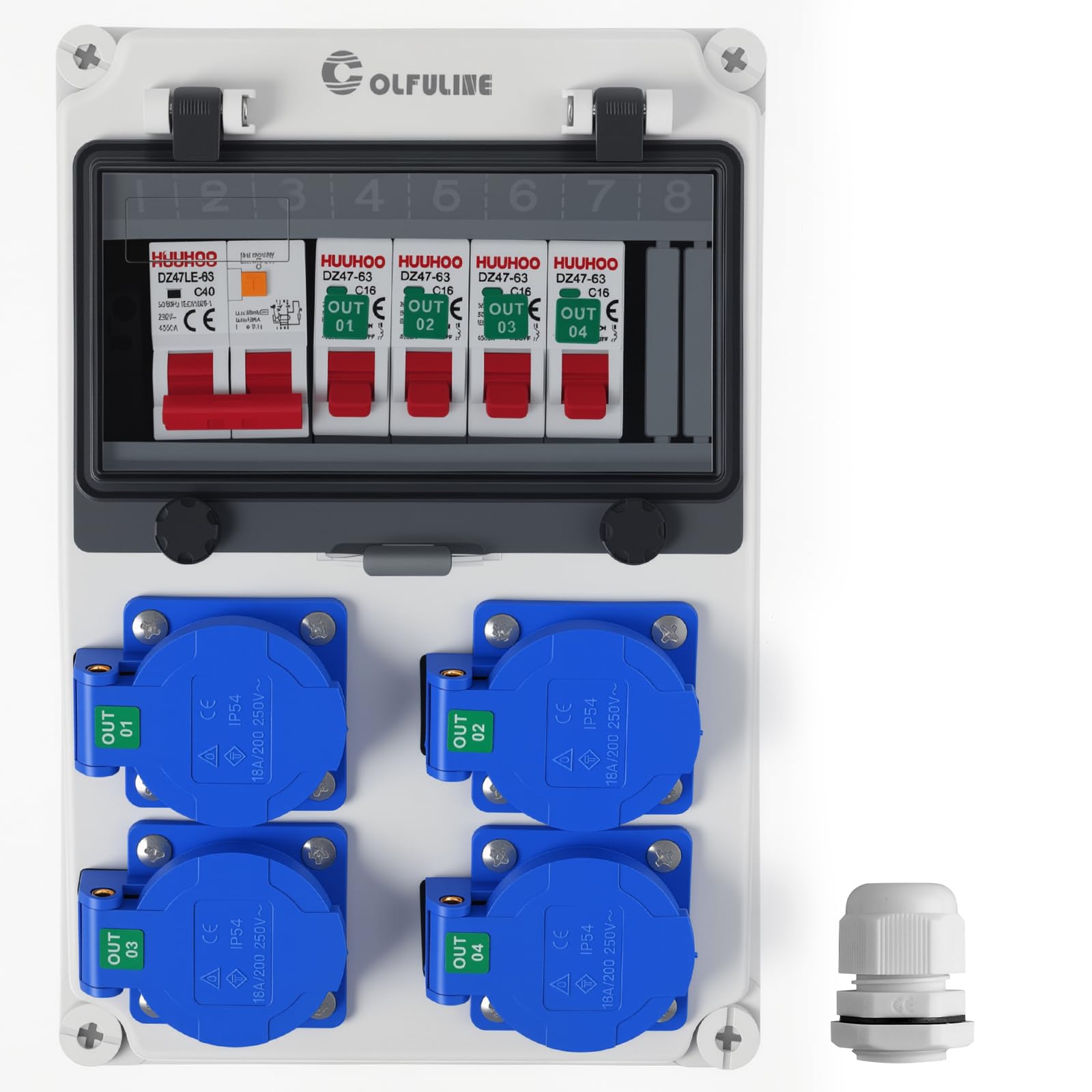 COLFULINE Baustromverteiler mit LS/FI, Vorverdrahtet & Wasserdicht IP66 | Stromverteiler 4x 230V Schuko-Steckdosen 16A, Verdrahtungshinweis, Flammhemmende ABS, für Werkstatt Baustelle Innen & Außen