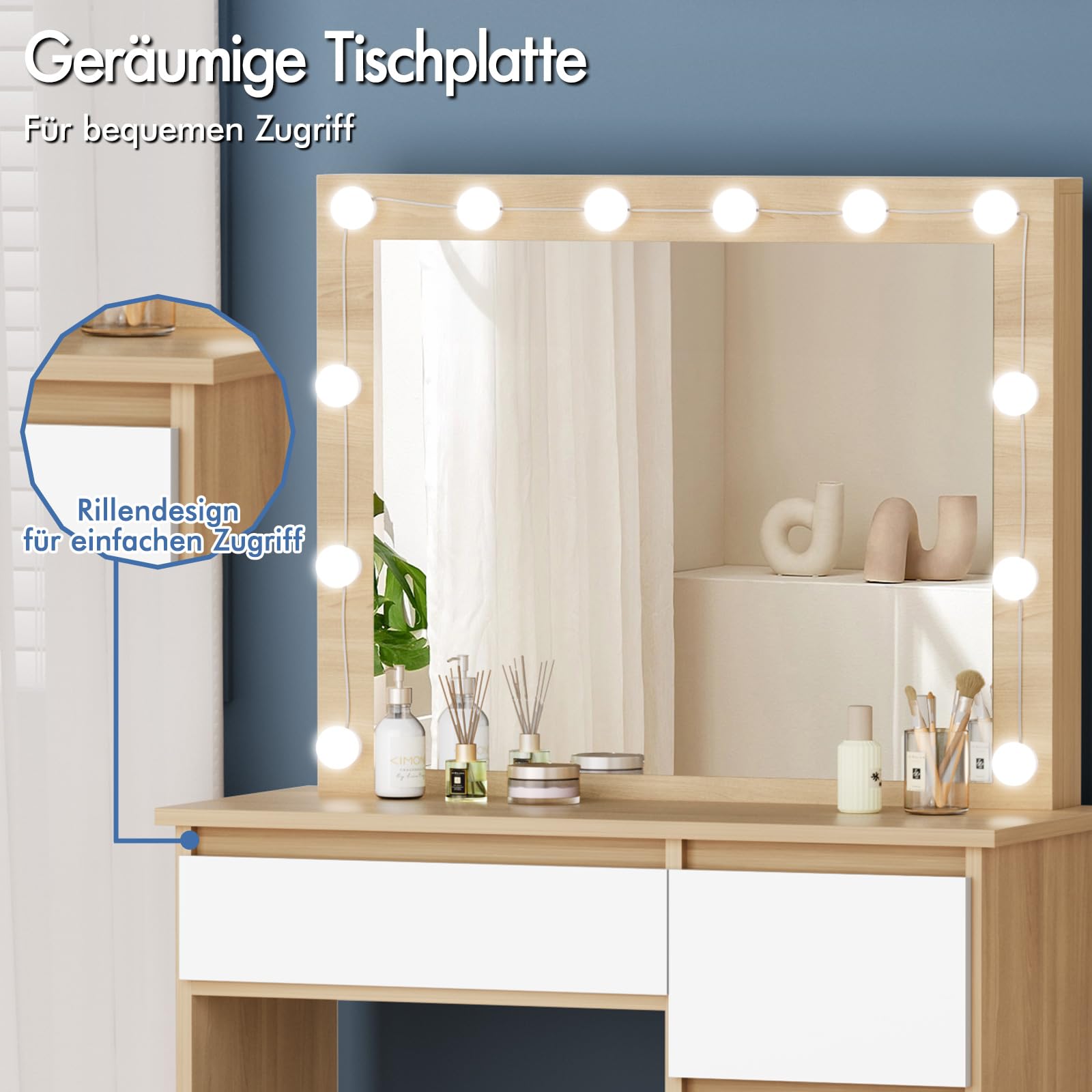 ALFORDSON Schminktisch Spiegel, Makeup Vanity 4 Schubladen und Aufbewahrungshocker, 90 cm Lange Schreibtischplatte, verstellbare LED-Leuchten, Schlafzimmer-Frisiertisch Frauen Mädchen,Holzfarbe