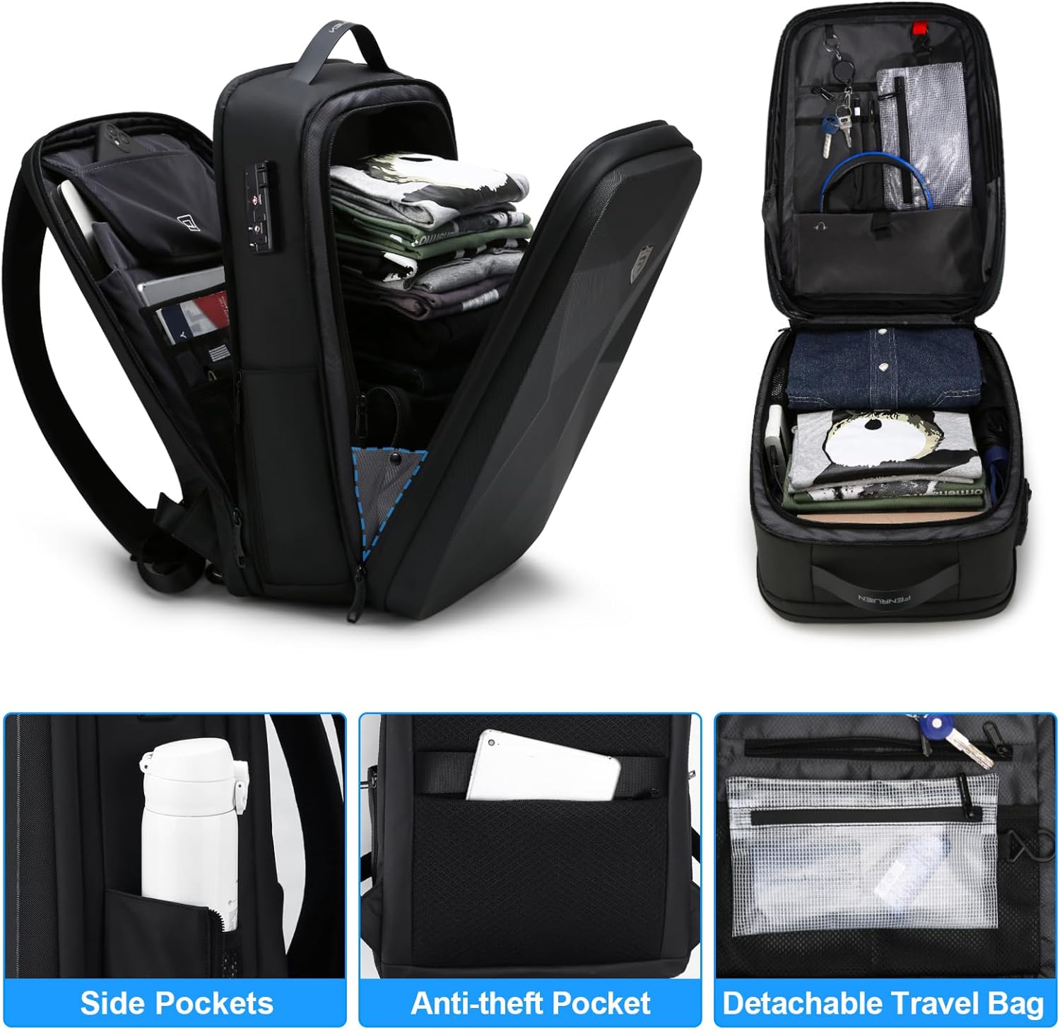 FENRUIEN 17 Inch Laptop Backpack for Men,Waterproof Anti Theft Computer Backpack with USB C Charging Port,Hardshell Gaming Laptop Bag,Black