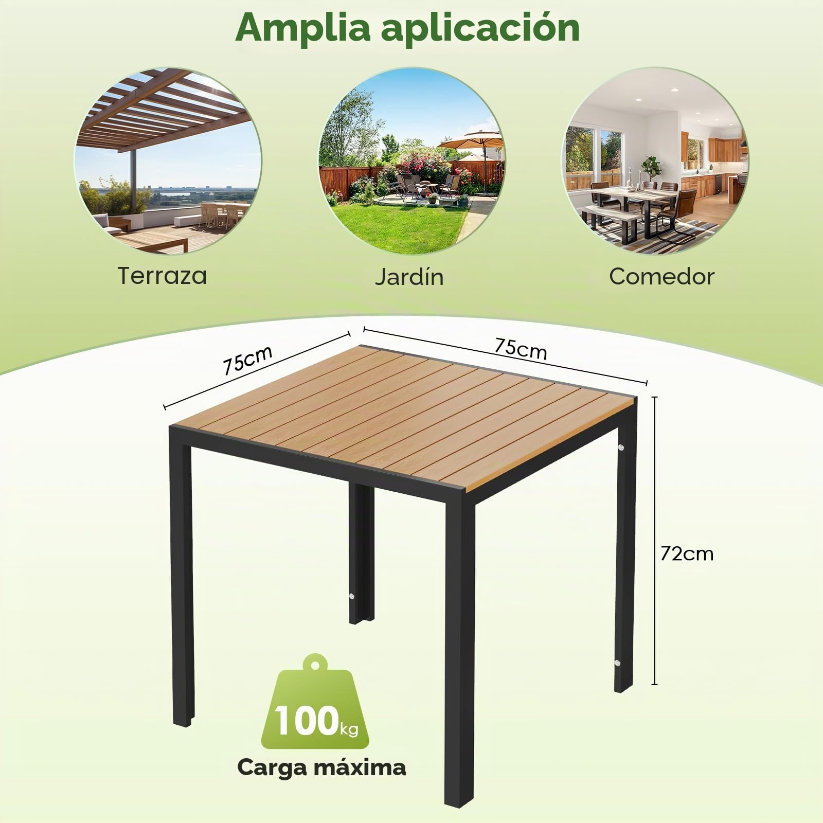 LIFERUN Mesa de jardín resistente a la intemperie, 75 x 75 cm, mesa de balcón de aluminio con tablero de WPC, mesa de comedor exterior para balcón y terraza, ligera, estable, cuadrada, color negro y