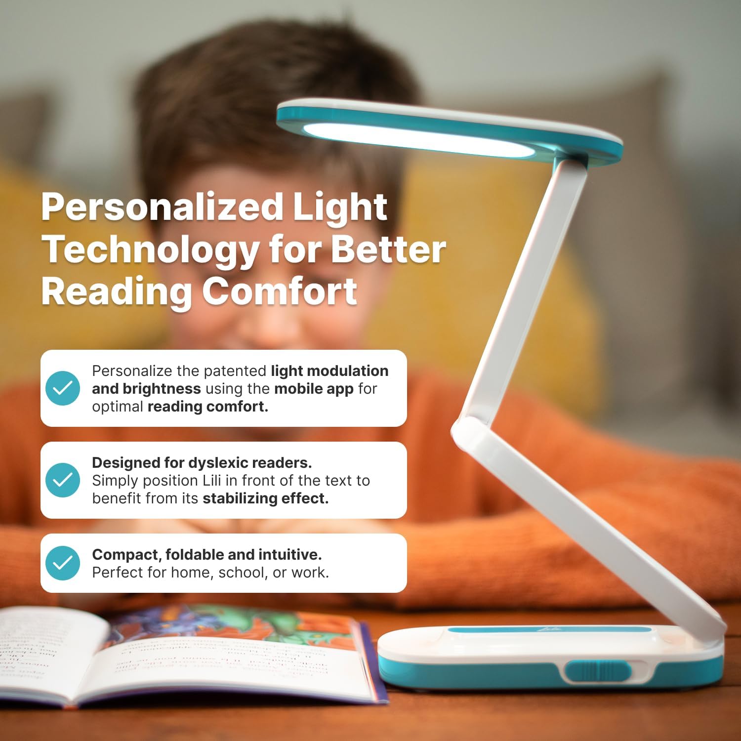 Reading Lamp for Dyslexic Kids & Adults – Patented Modulated Light Technology Reduces Visual Stress – Improves Reading Comfort, Fluency & Focus – Designed and Made in France