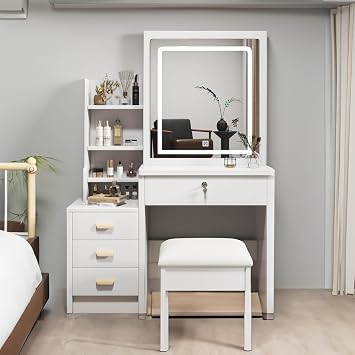 Makeup Vanity with Mirror and Lights,Modern Bedroom Makeup Table Set with Upholstered Stool,Vanity Desk with 4 Drawers & Shelves,3 Color Lighting Brightness Adjustable,White 4 Drawers-1