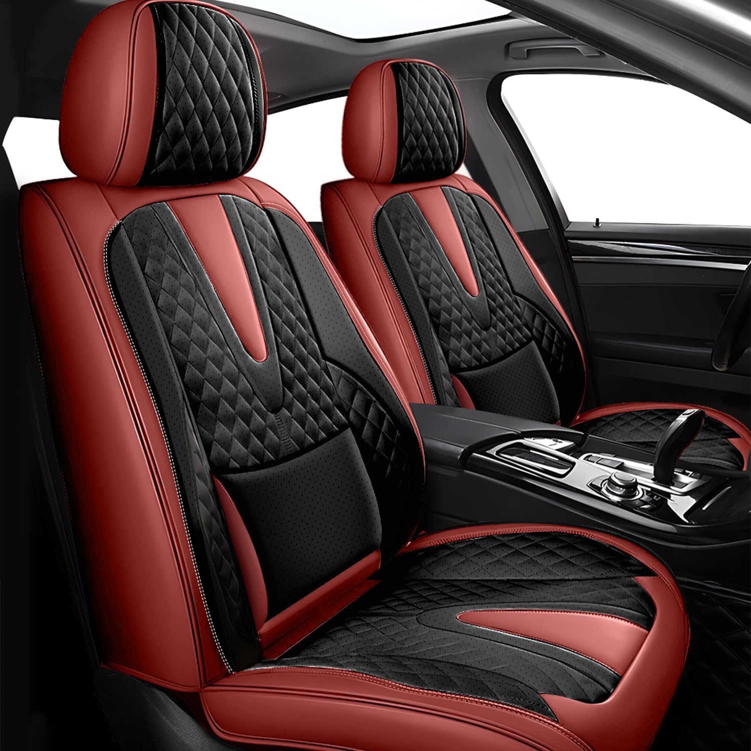 Foneso Seat Covers for Truck Chevy Chevrolet Silverado GMC Sierra Nappa Leather Protectors for Pickup 2007-2026 1500 2500HD 3500HD Trail Boss Z71 Crew Double Extended Cab (Red (Model D), Front Set)