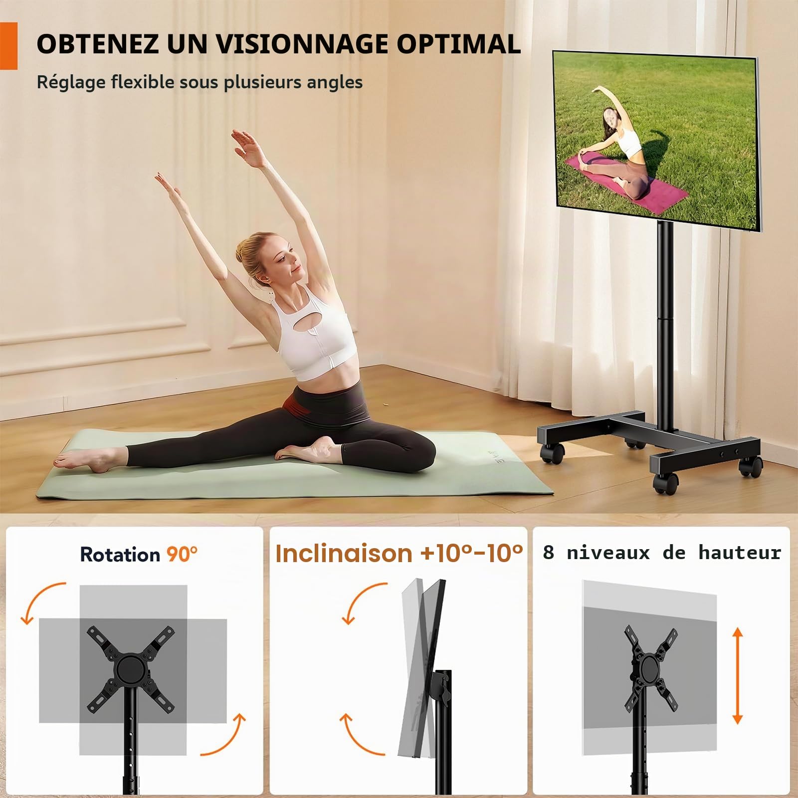 Hemudu Support TV Sur Pied Avec Roulettes Portable pour Téléviseurs LCD/LED de 13 à 50 Pouces, pied television Roulant pour Chambre à Coucher avec Réglage de Hauteur en 8 Niveaux, Charge Maximale 20kg