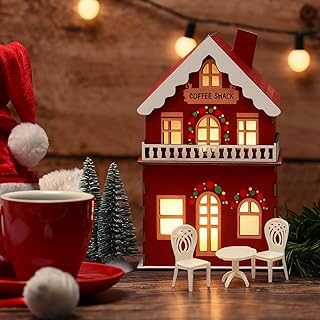 Pinkunn 9 Pcs Mini Lighted Christmas Village House Set Wooden Coffee Shack Building Small Tabletop Decor 4 Christmas Tree 2 Chair 1 Desk Village Collectible Figurine Battery Operated for Holiday Xmas