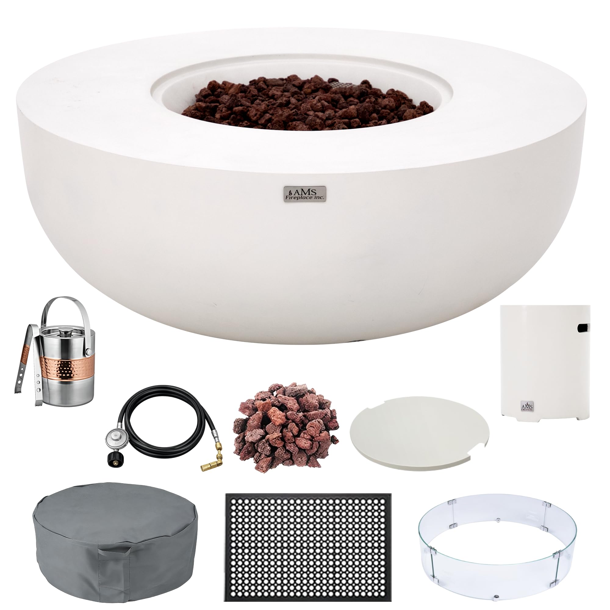 AMS 44" Round Concrete Propane Gas Fire Pit Table Bowl Bundle (Cream White)