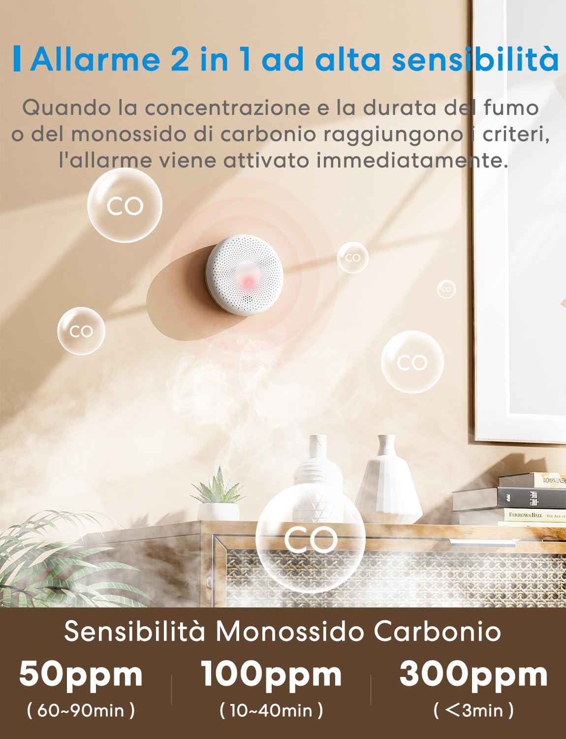 Meross Détecteur de Fumée et de Monoxyde de Carbone, Combiné avec Pile de 10 Ans, Sirène Puissante, Vérification Automatique et Bouton de Test, CO Certifié EN14604 et EN50291