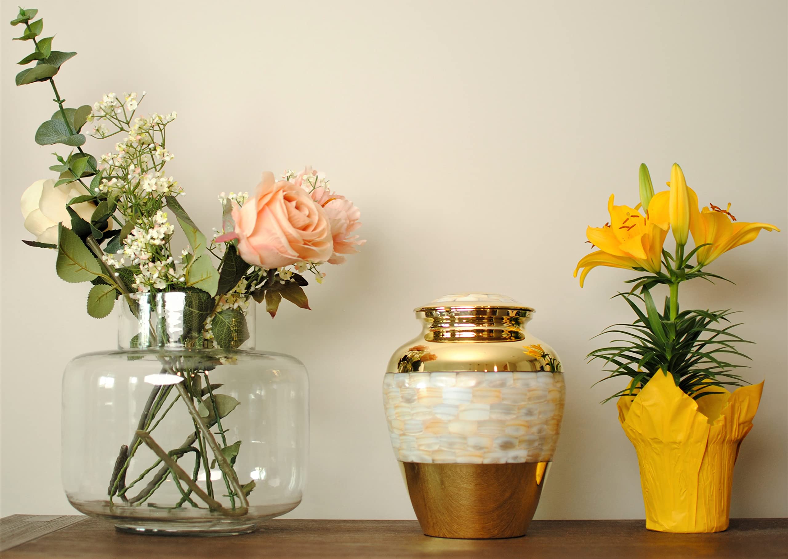 Today's A Gift Exquisite Mother of Pearl Cremation Urn for Human Ashes, Decorative Golden Brass Urn for Adults, Handcrafted Funeral Urns for Ashes, Stylish Brass Urn with Velvet Bag (9 Inches)
