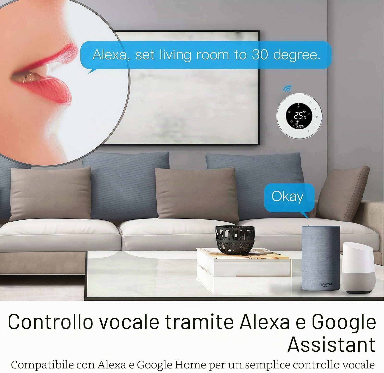6000 Serie Wi-Fi Termostato- Termostato Touchscreen Programmabile per Riscaldamento o Raffreddamento - Controllo Remoto da Cellulare Compatibile con Alexa, Google Home e IFTTT