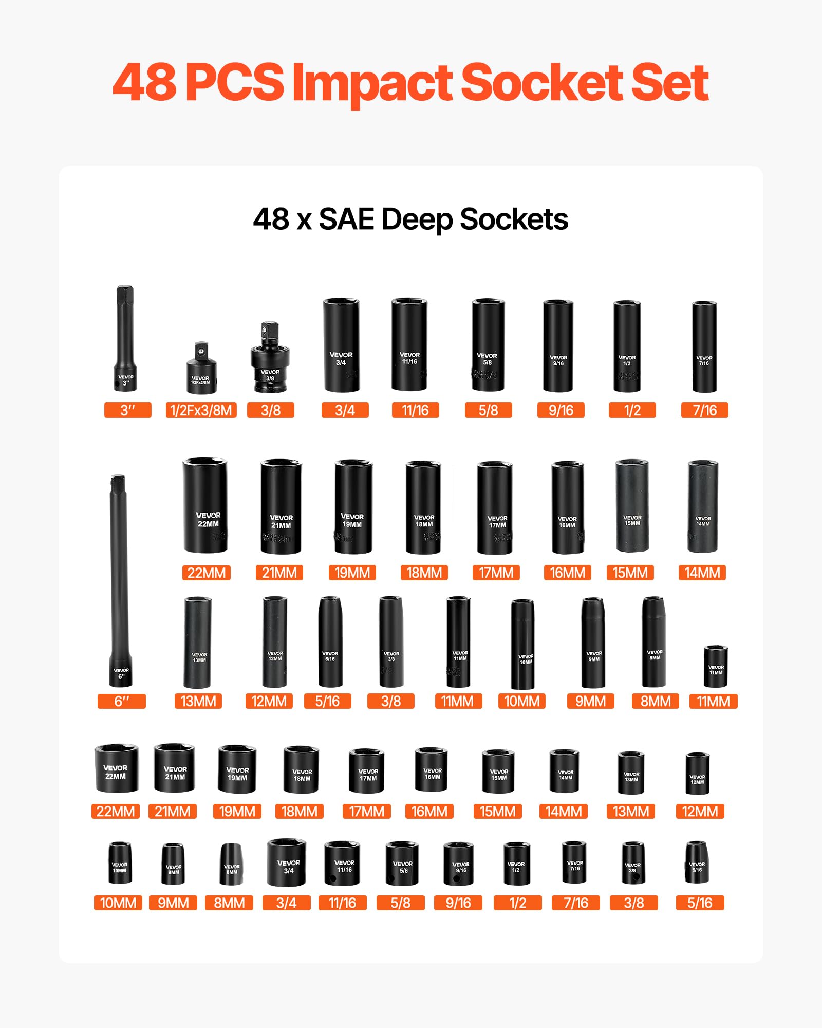 VEVOR Zestaw nasadek udarowych, napęd 3/8", 48-częściowy zestaw kluczy nasadowych, 6-punktowe gniazda, SAE 5/16"-3/4" i metryczne 8-19 mm, 21-22 mm, łatwe do zidentyfikowania, stal stopowa Cr-V