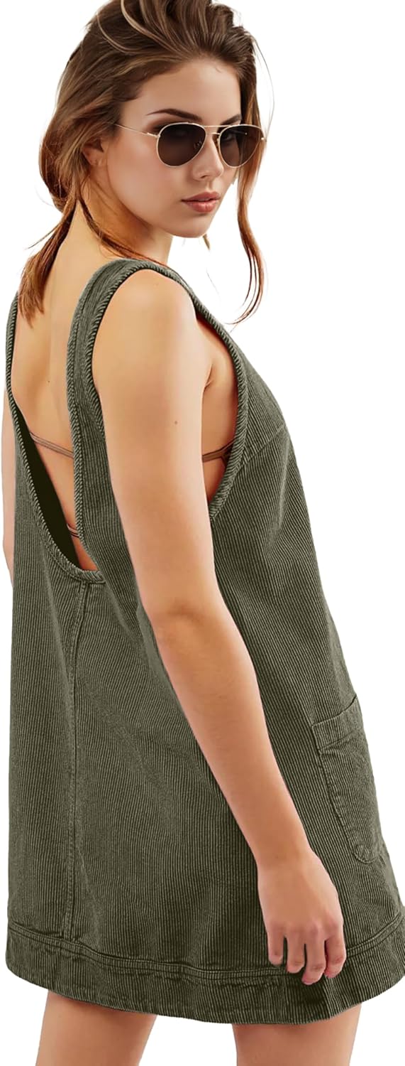 Womens Corduroy Overalls Dress Low Open Back Skirtall Jumper Mini Dress Pinafore with Pockets - Image 2