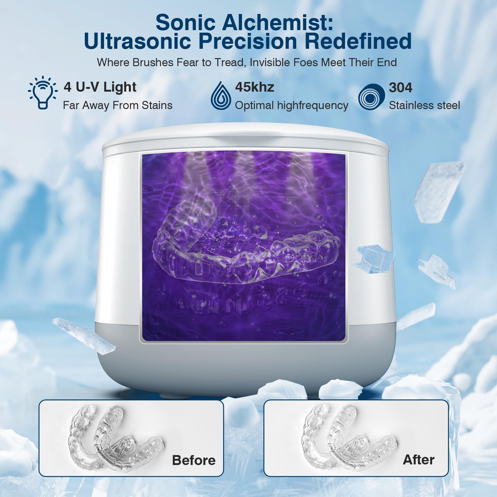 Limpiador ultrasónico avanzado para dentaduras, protectores bucales, aparatos dentales, cabezales de cepillo de dientes y joyas, sistema de limpieza trifásico de 45
