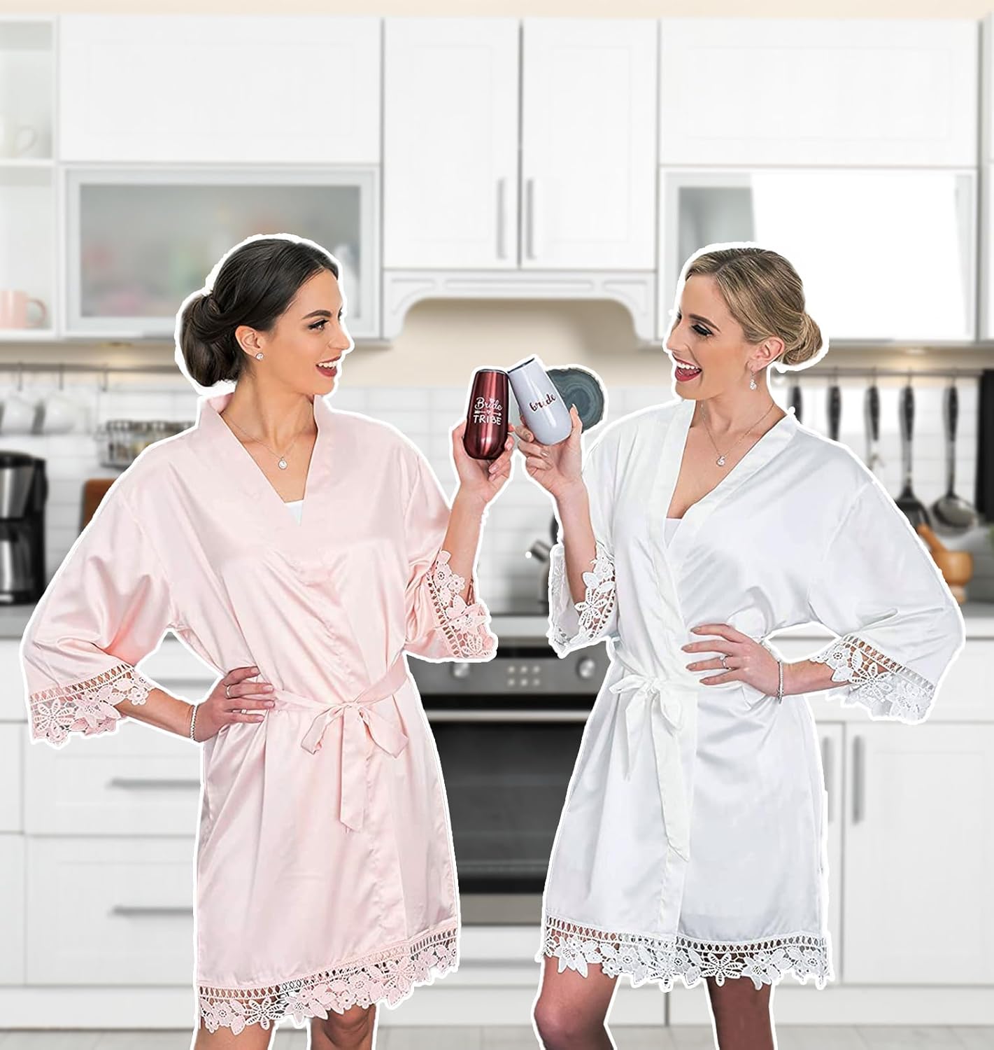 Silk Robes for Womens 2Pcs Satin Robe Kimonos Bridesmaid Bride Lace Bathrobes Sleepwear Bridal Silky Loungewear Wedding Robes - Image 3