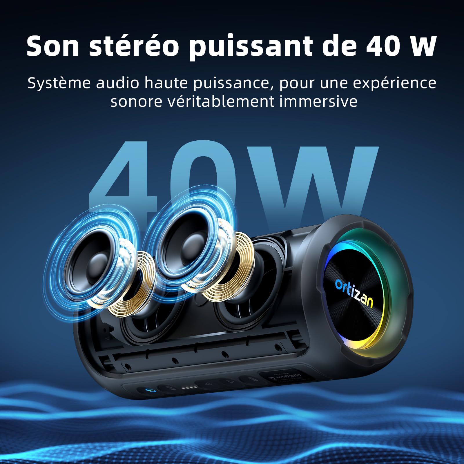 Ortizan 40W Enceinte Bluetooth Puissante IPX7 Portable Rechargeable 30h Autonomie Stéréo Sans Fil