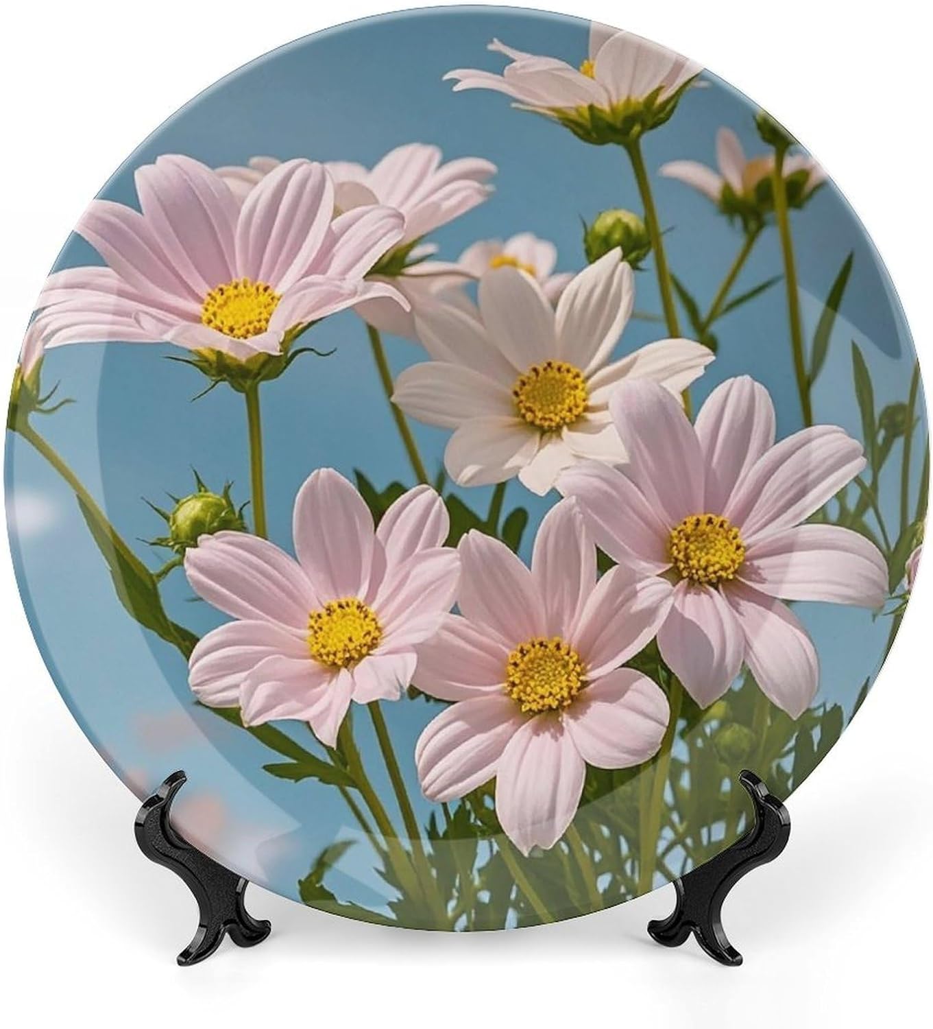 Blooming Flowers Decorative Ceramic Plate Round Porcelain Plate Decor Personalized Bone China Decorative Plates Ceramic Ornaments Dessert Plates with Display Stand 8inch