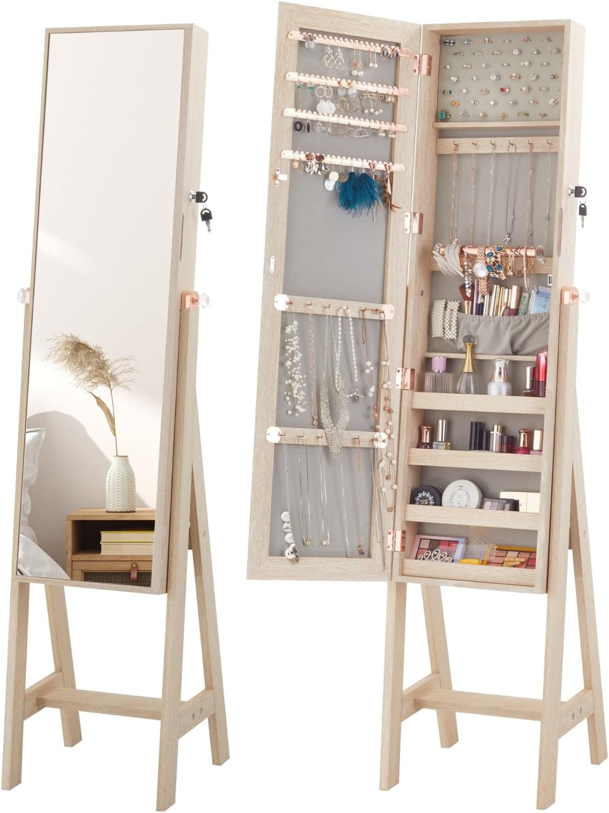 LUXFURNI Mirror Jewelry Cabinet Armoire with 3-Way Mount, Standing, Wall or Door Mounted, Jewelry Organizer with Full-Length Mirror, Lockable, Large Storage, Oak