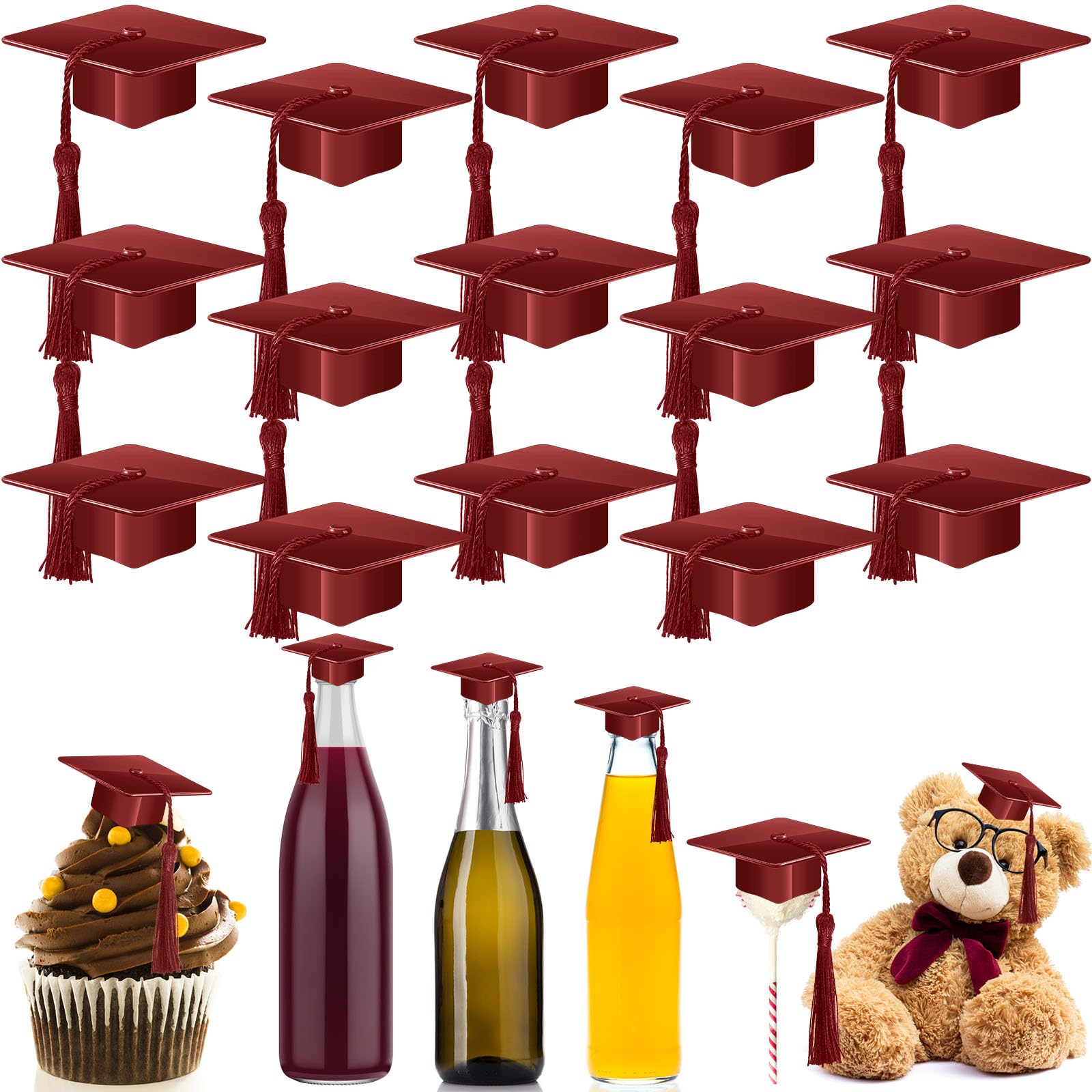 Photo 1 of Qunclay 30 Pieces Mini Graduation Cap Maroon Hats with Maroon Tassels Plastic Grad Cake Pops Cover Toppers for Graduation Party Decorations