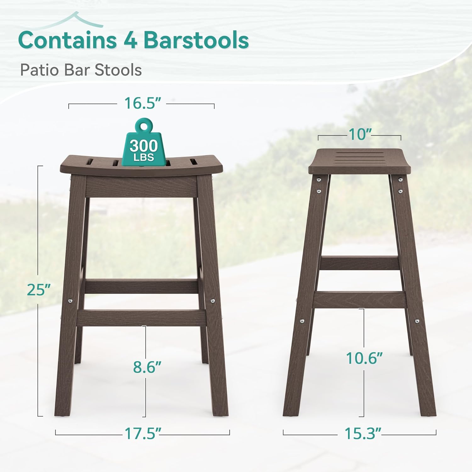 Diagram showing the dimensions of the bar stool: 16.5 inches length, 10 inches width, 25 inches height, and a 300 lbs weight capacity.