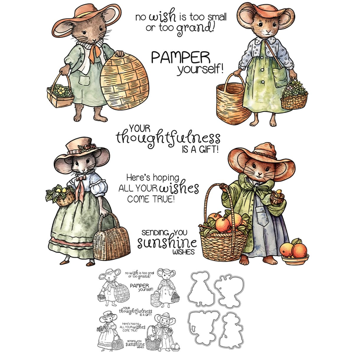 Dress Mouse Stamps and Die Cuts for Card Making Hat Basket Transparent Silicone Clear Stamp and Metal Cutting Dies Sets for DIY Scrapbooking Paper Crafting Seals Decorative Supplies
