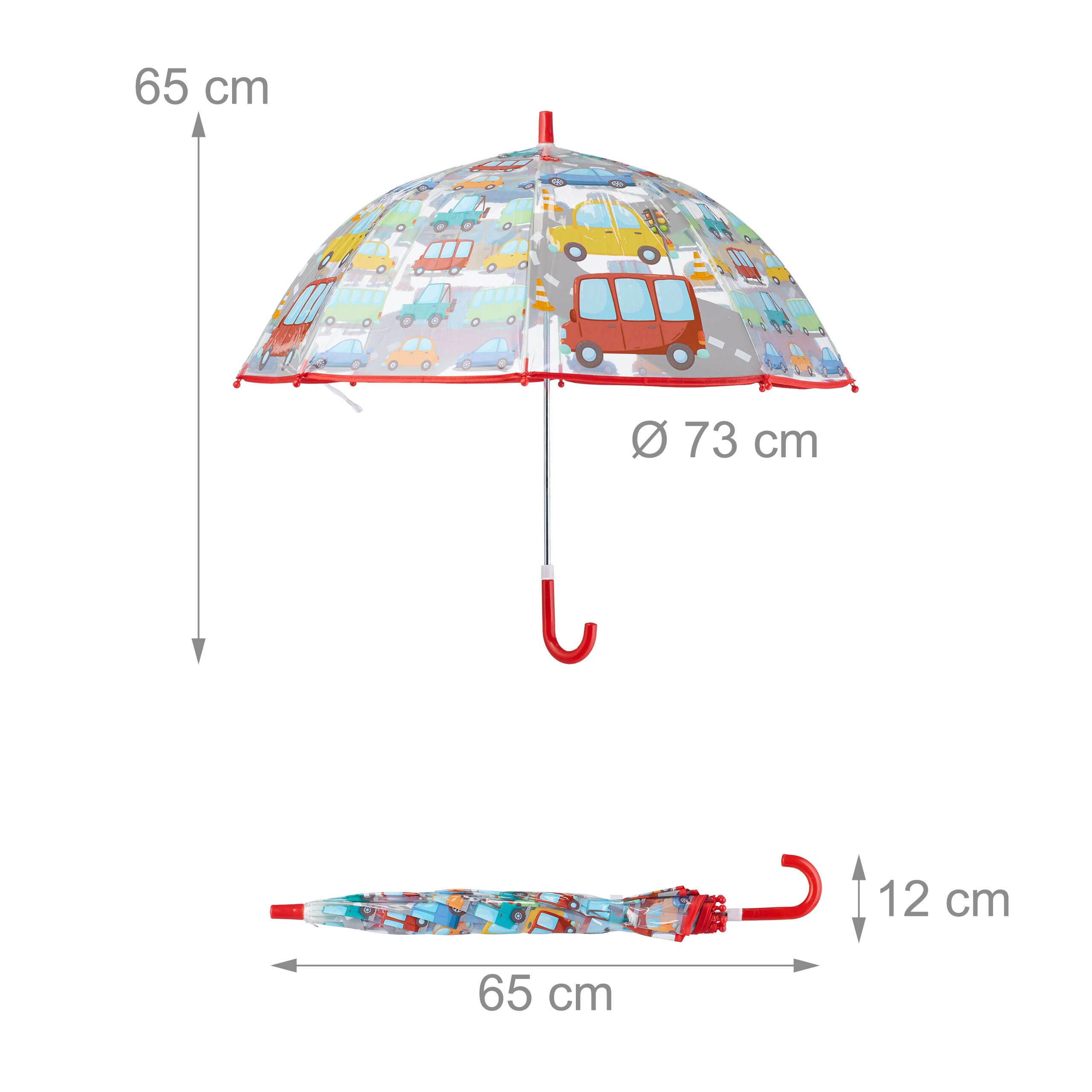 Relaxdays Ombrello per Bambini, Design Macchine, Ombrellino Parapioggia con Bastone Bimbi, Ø 73 cm, Colorato Trasparente