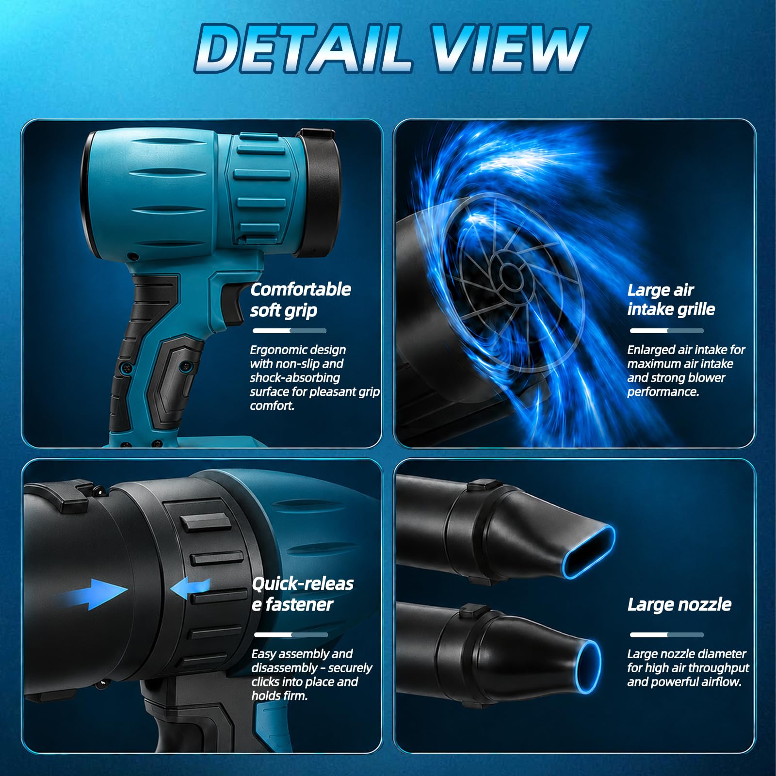 Akumulatorowa dmuchawa do liści, turbo, kompatybilna z Makita 18 V – 80000 obr./min, 60 m/s i 850 g – w zestawie 2 x akumulatory 2000 mAh, 3 dysze, niebieska (z akumulatorem)