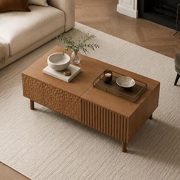 Modern Coffee Table with Storage, Wood Finish, Textured Panel Design, Mid-Century Style, Living Room Furniture (Walnut, 130 * 70 * 48cm)