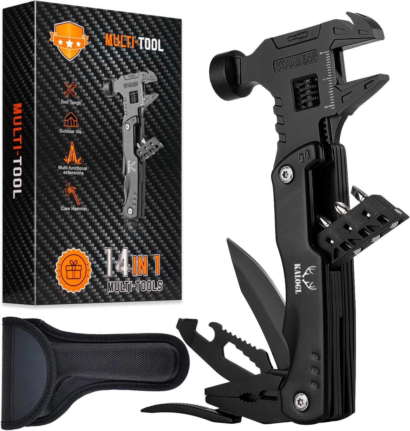 KALOGL14-in-1 Portable Multi-Tool Pliers, Adjustable Wrench, Screwdriver, Survival Camping Gear, Stainless Steel Handle, Black